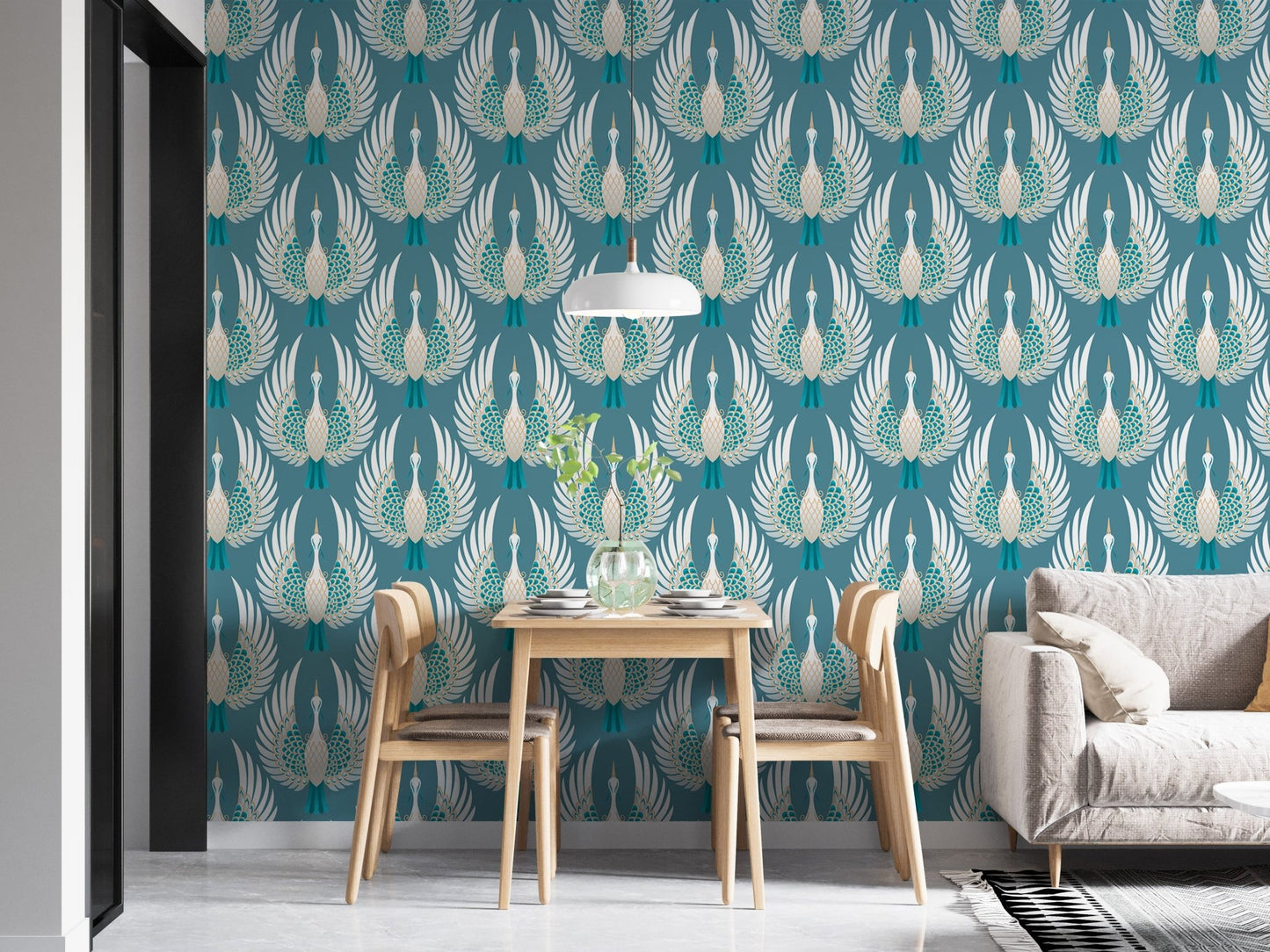 Japanese crane bird wallpaper in blue tones for dining space.