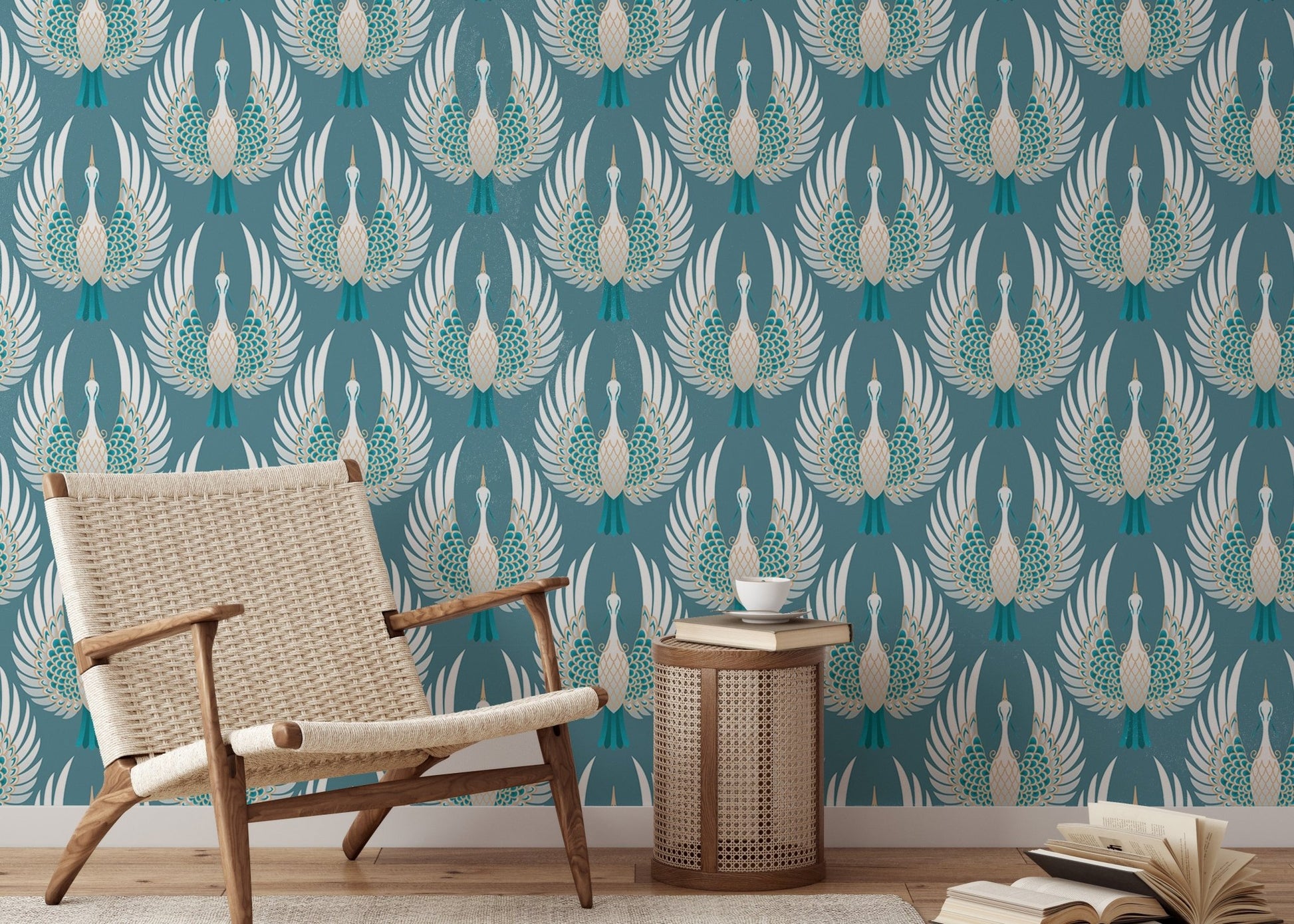 Decorative blue crane bird Japanese wallpaper in reading room.