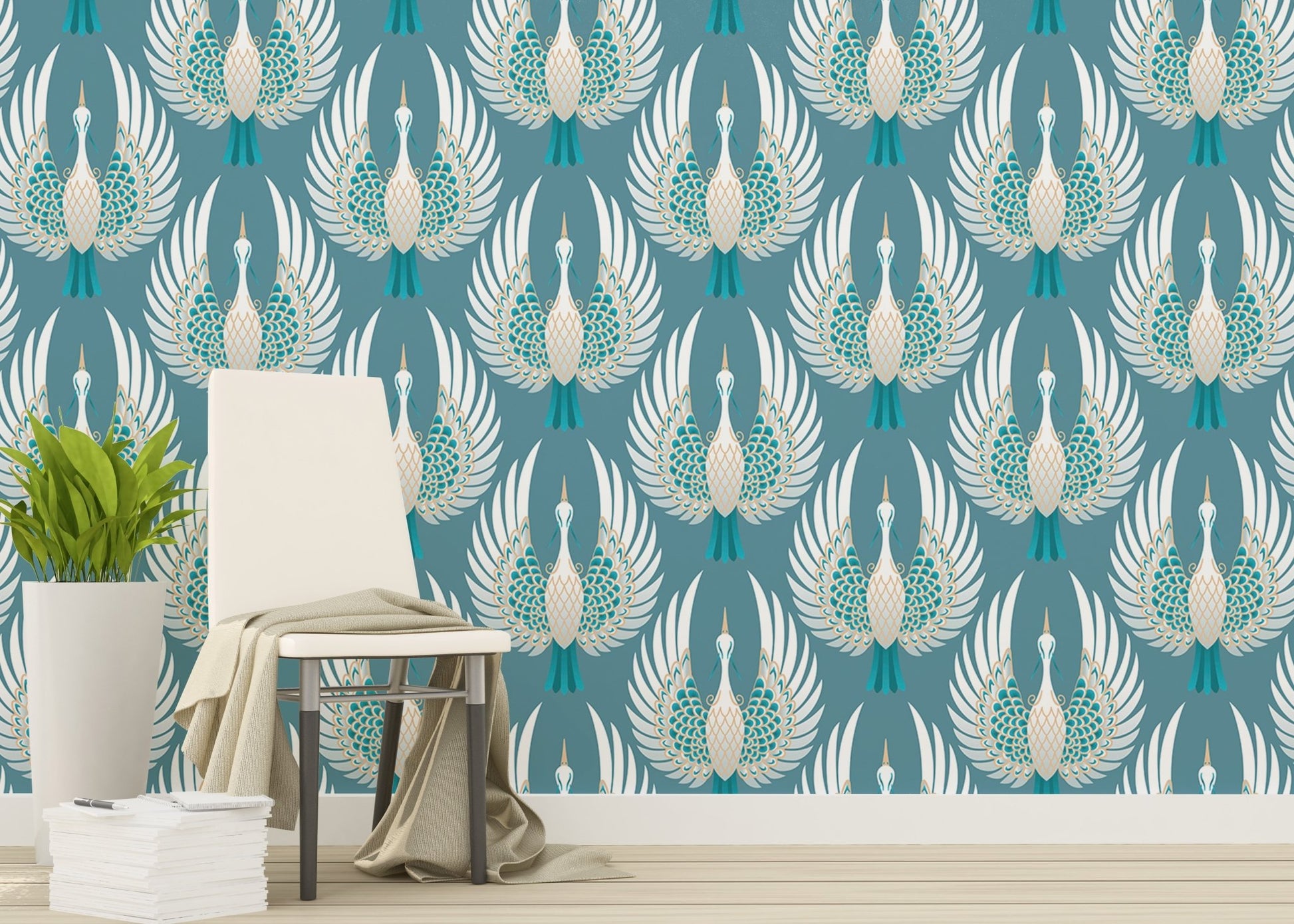 Blue wallpaper with Japanese Indian crane bird motif in sitting area.