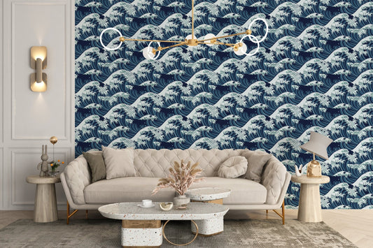 Navy wave wallpaper in a contemporary living room with a cream sofa.