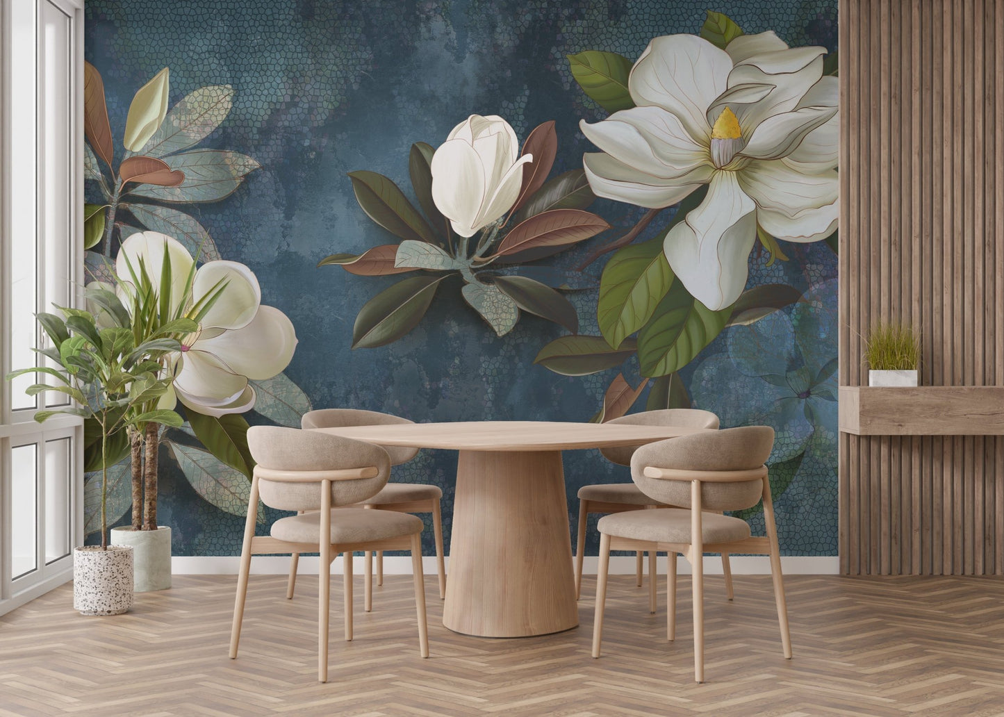 Jasmine flower wallpaper mural with blue tones for dining space.