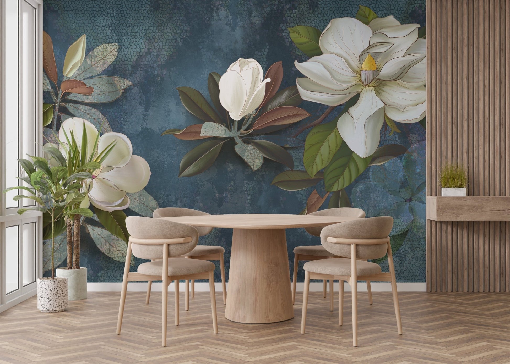 Jasmine flower wallpaper mural with blue tones for dining space.