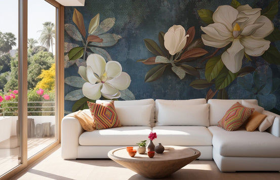 Elegant blue jasmine flower wallpaper for living room decor