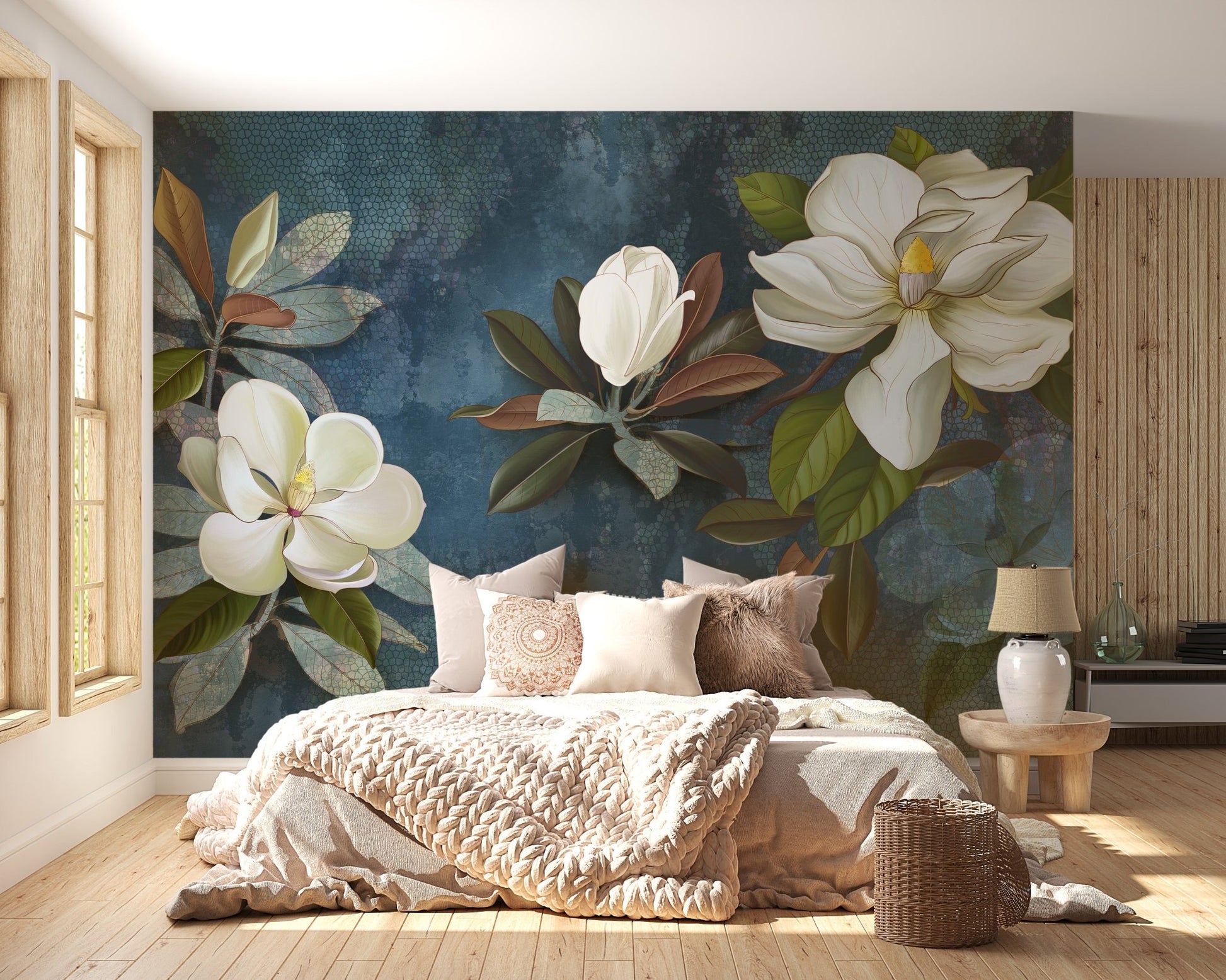 Large scale blue jasmine floral wallpaper for bedroom feature wall