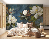 Large scale blue jasmine floral wallpaper for bedroom feature wall