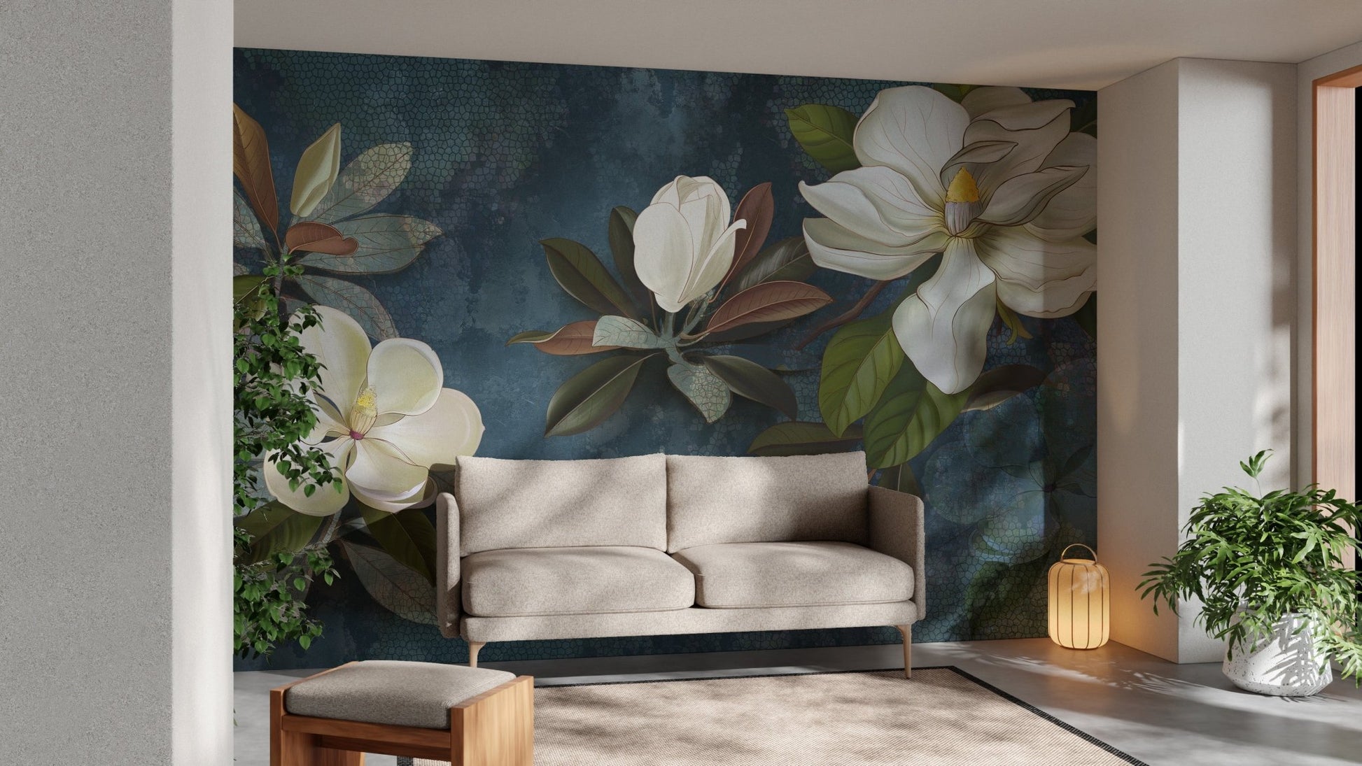Elegant blue floral wallpaper design for a calm living space