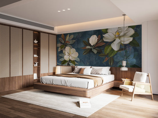 Jasmine flower blue textured background wallpaper for bedroom interior.