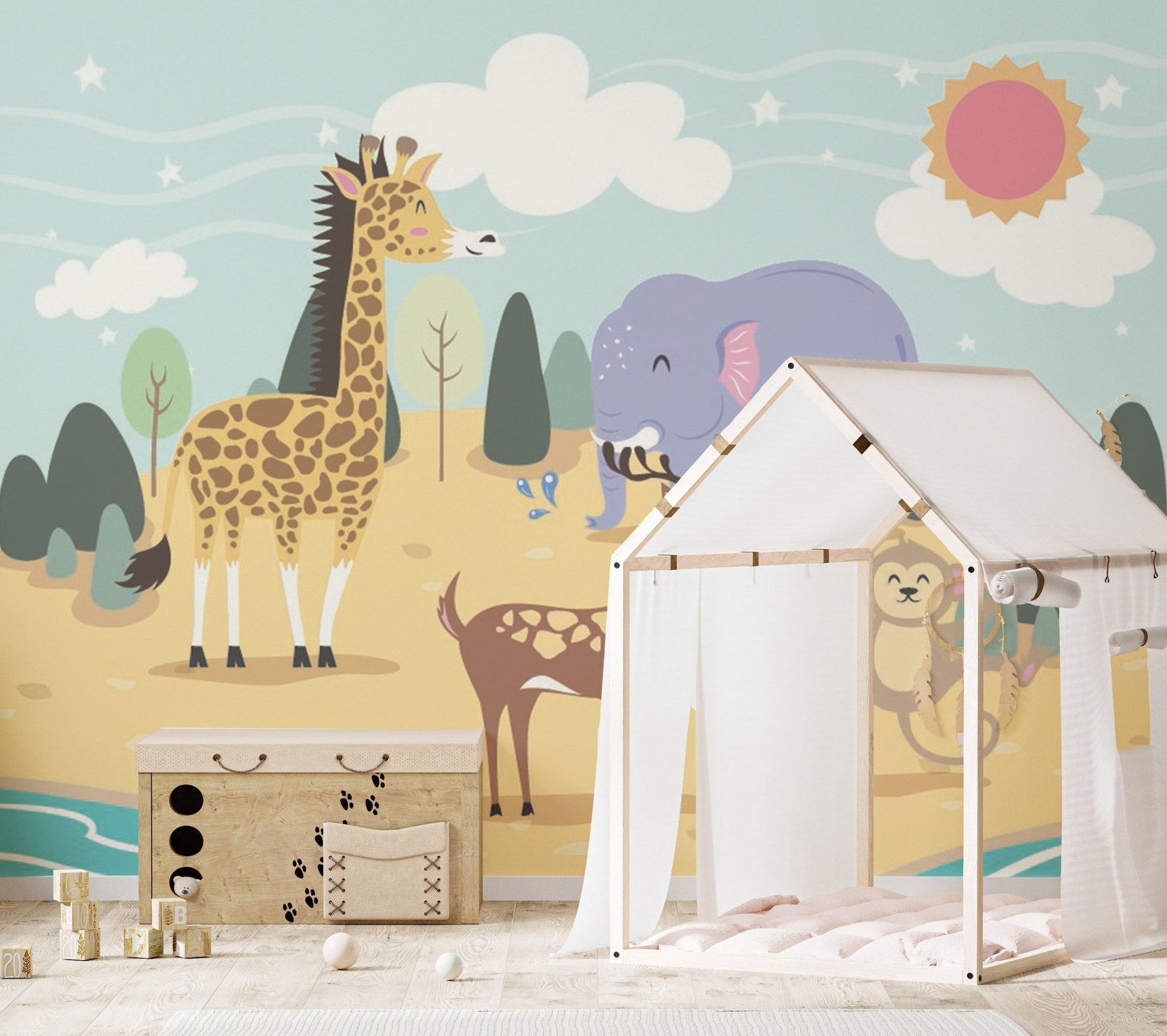 Kids room jolly wall mural with a white play tent and cartoon animal illustrations.