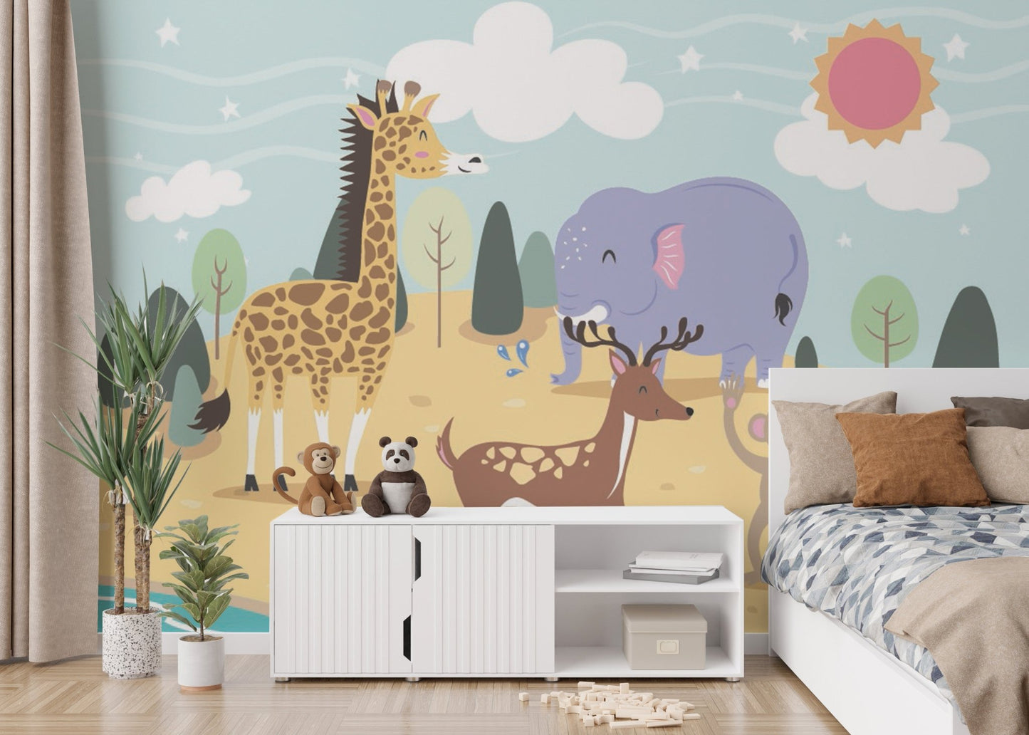 Jolly Jungle Kids Room Wall Mural styled with a white bed.