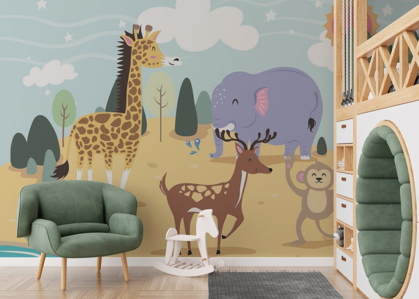 Soft green armchair placed in front of a Jolly Jungle wall mural.