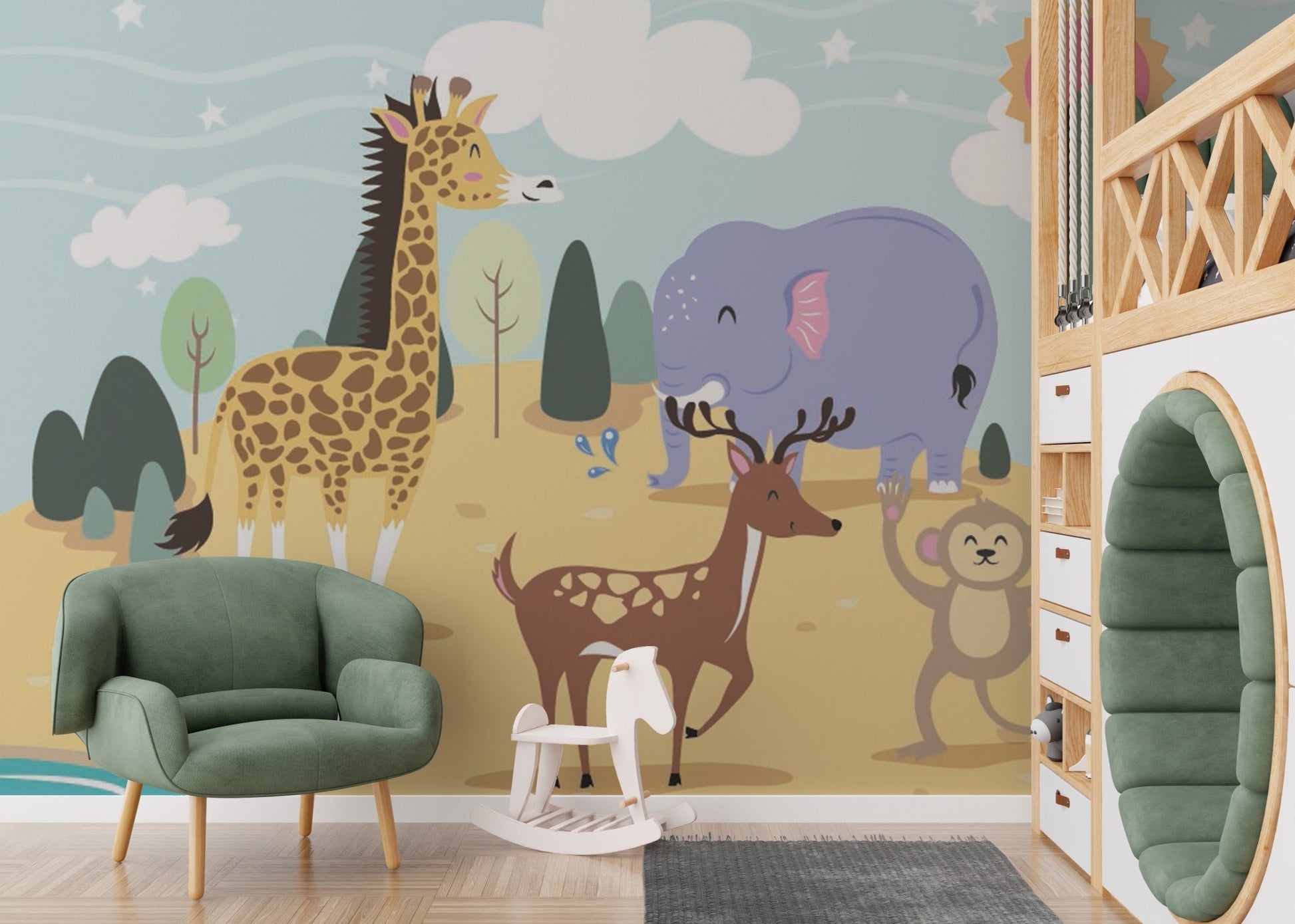 Soft green armchair placed in front of a Jolly Jungle wall mural.