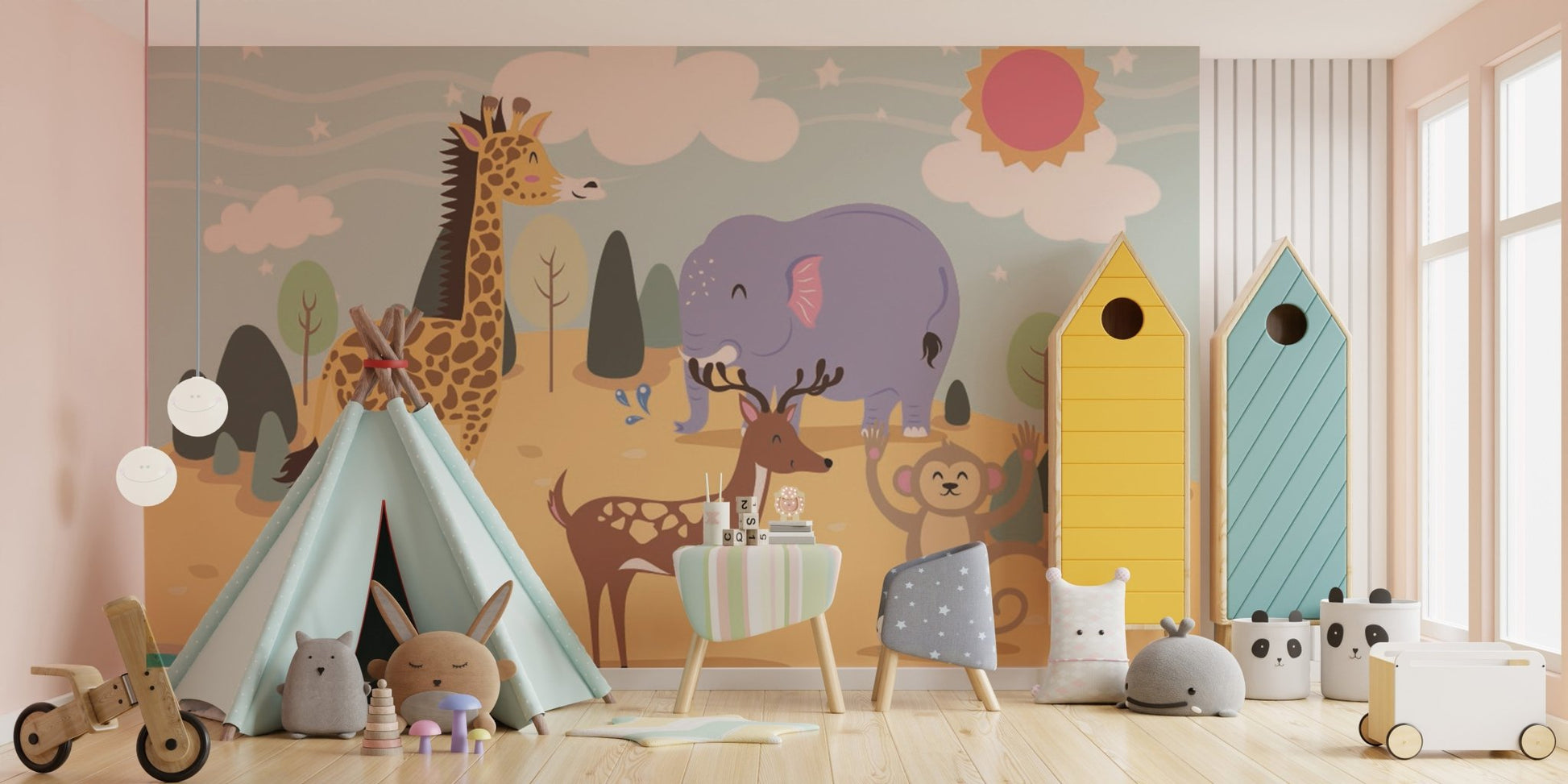 Animal jungle themed wall mural featuring a deer and monkey for a nursery.
