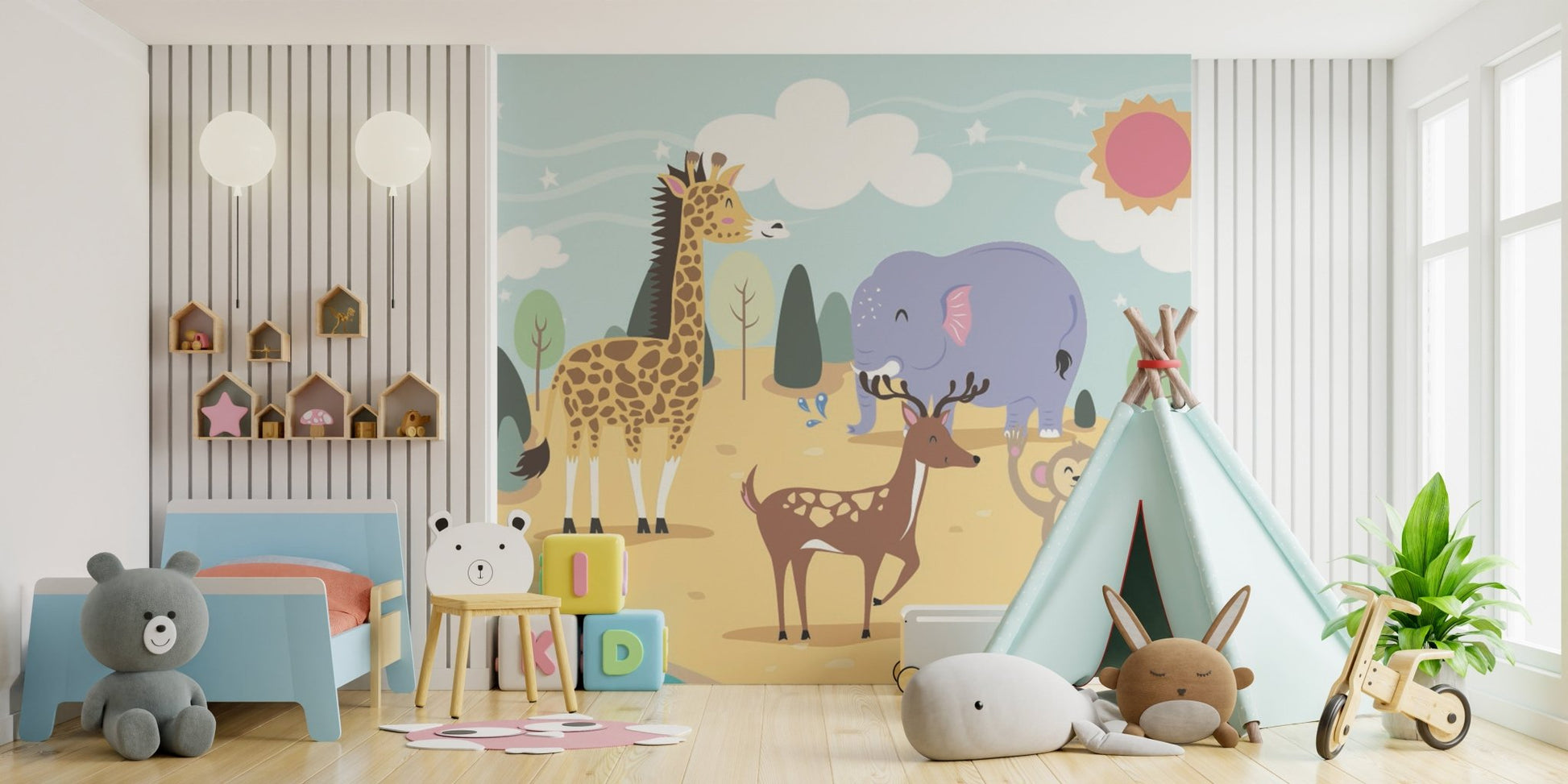 Pastel blue and yellow jungle wall mural for a child's bedroom.