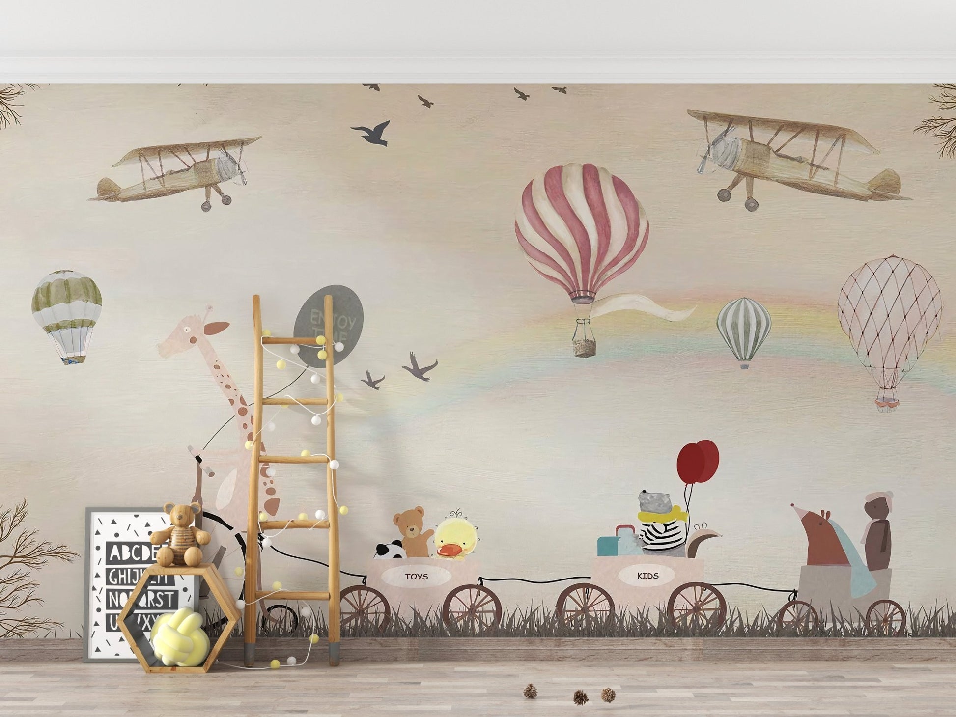 Animal parade wall mural in a child's room with a wooden ladder and toys.