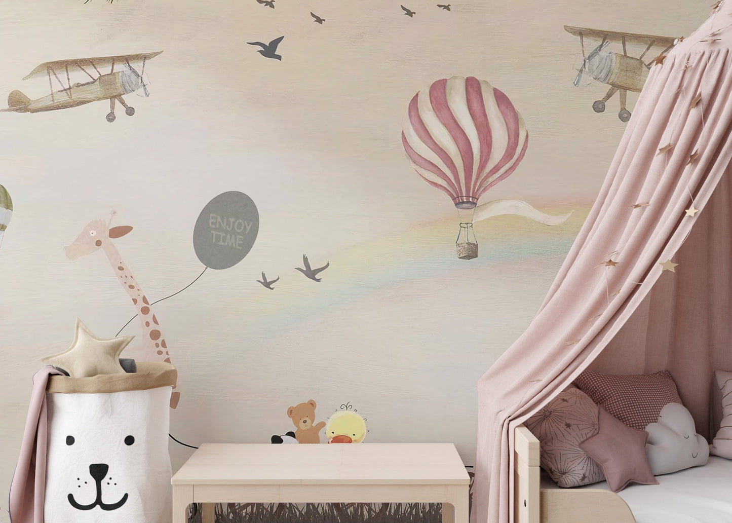 Kids play space wall mural with animal parade and a pink canopy.
