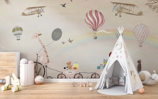 Jovial Animal Parade wall mural in a playroom featuring a white canvas teepee.