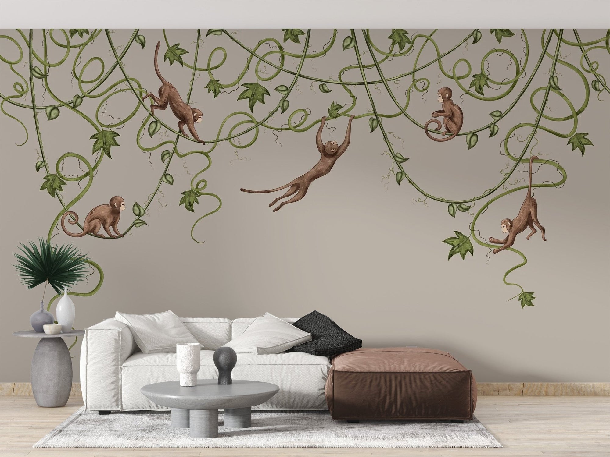 Joyful monkey nursery wallpaper with brown primates swinging on green vines.