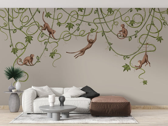 Joyful monkey nursery wallpaper with brown primates swinging on green vines.