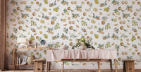 Botanical citrus wallpaper with scattered fruit illustration.