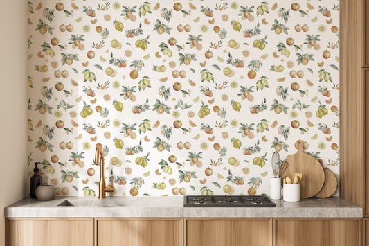 Fresh fruit wall mural featuring green lime and orange slices.