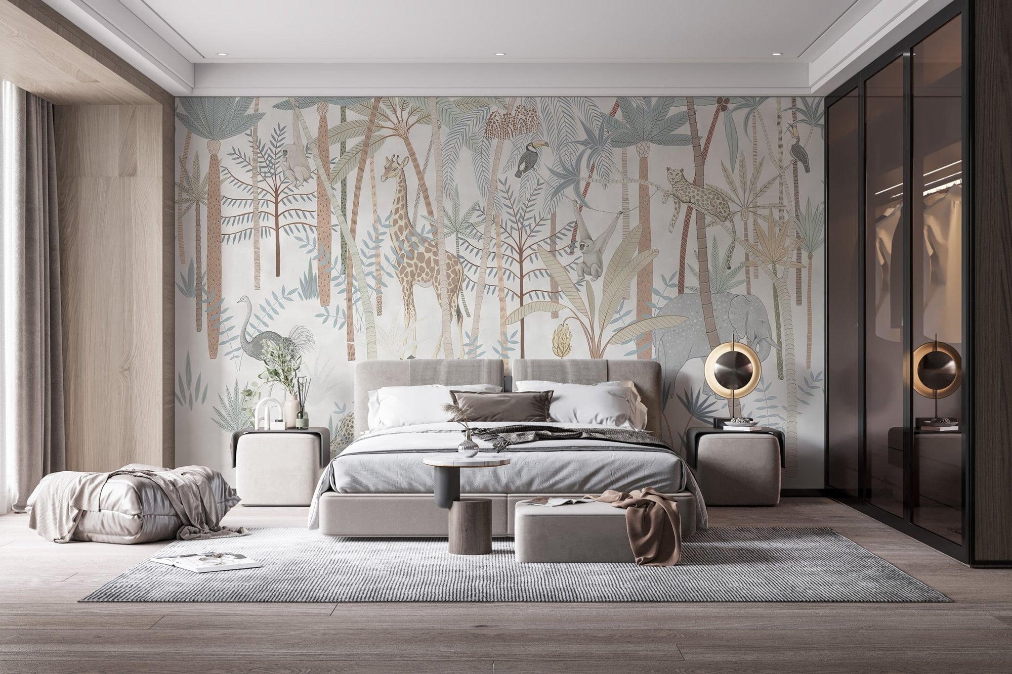 Jungle animals wallpaper mural with giraffe and elephant in a forest.