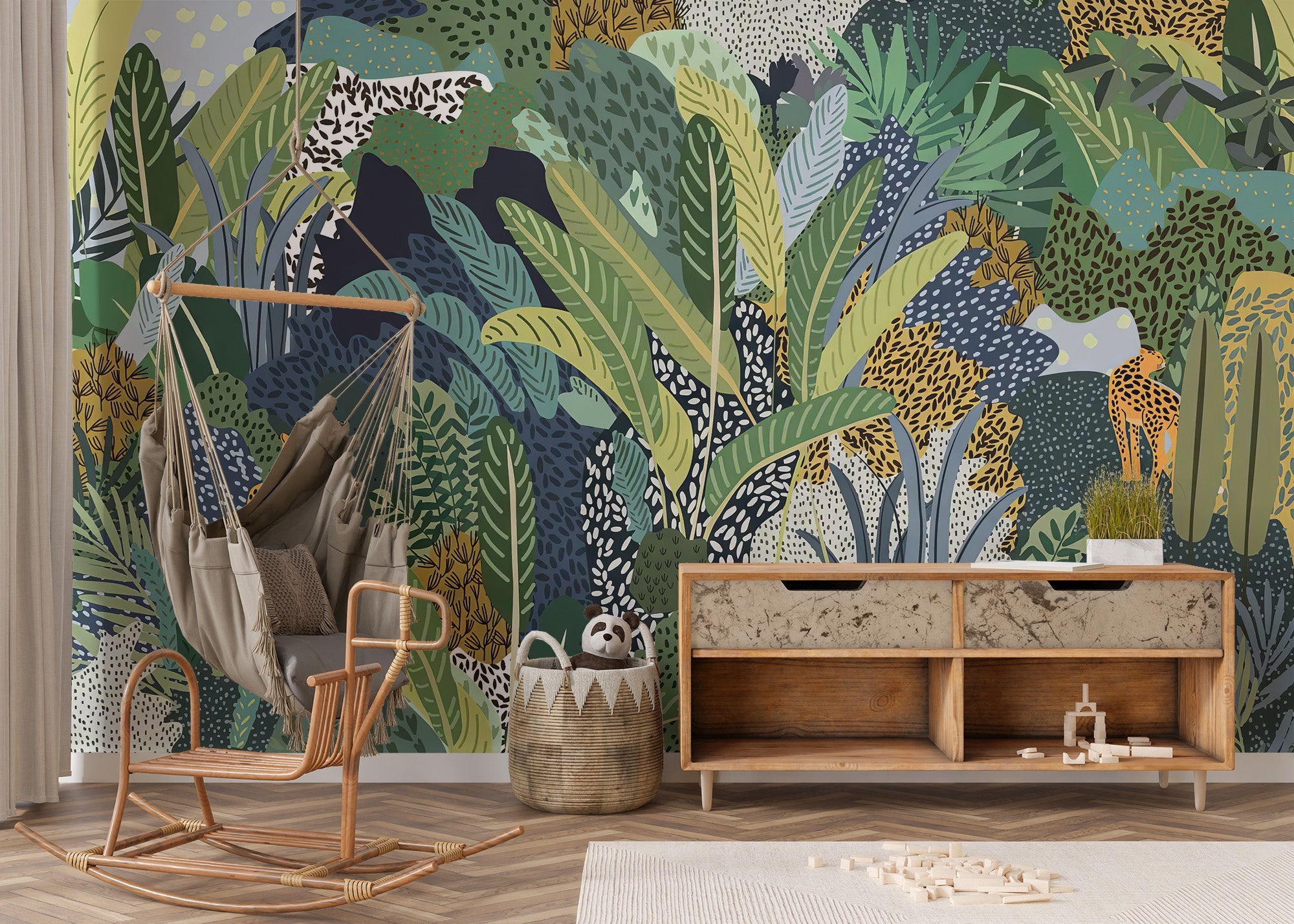 Jungle cat wall mural with layered tropical foliage and wildlife wallpaper.