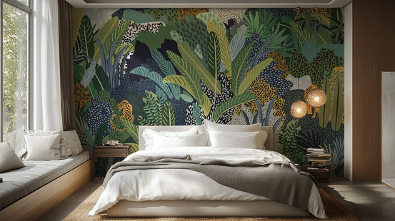 Botanical jungle wallpaper featuring illustrated cats and leafy wall mural.