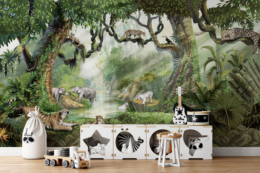 Detailed leopard on a branch for jungle cats wallpaper murals.