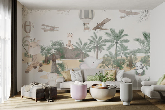 Jungle-themed wall mural with playful giraffes, elephants and palm trees.