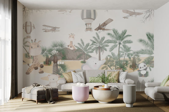 Jungle-themed wall mural with playful giraffes, elephants and palm trees.