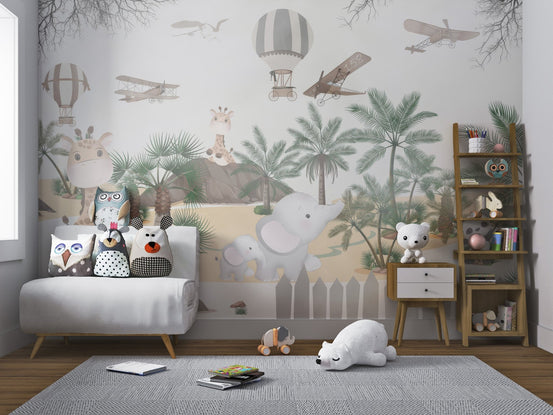 Jungle Jamboree Wall Mural showing vintage planes and panda for nursery