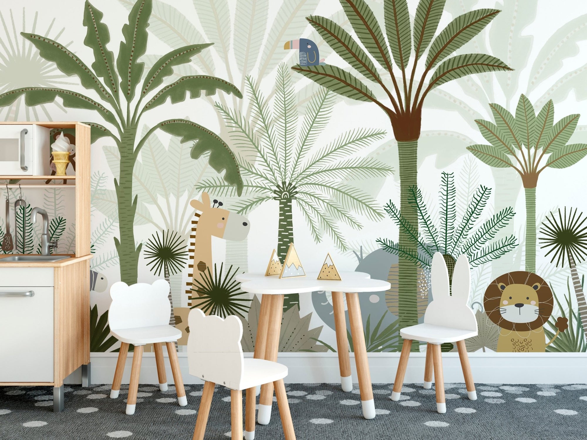 Lively mural featuring animated animals in a jungle setting for kids dining area.
