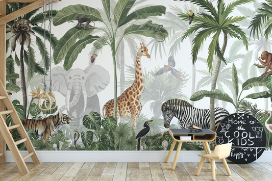 Exotic wildlife jive wall mural featuring a zebra and hippo among palm trees.