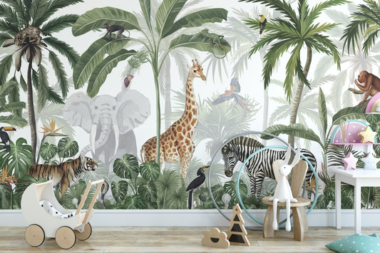 Jungle jive mural wallpaper with a giraffe and tiger in a tropical forest.
