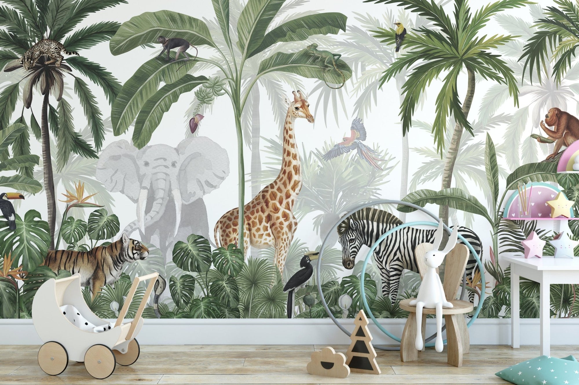Jungle jive mural wallpaper with a giraffe and tiger in a tropical forest.
