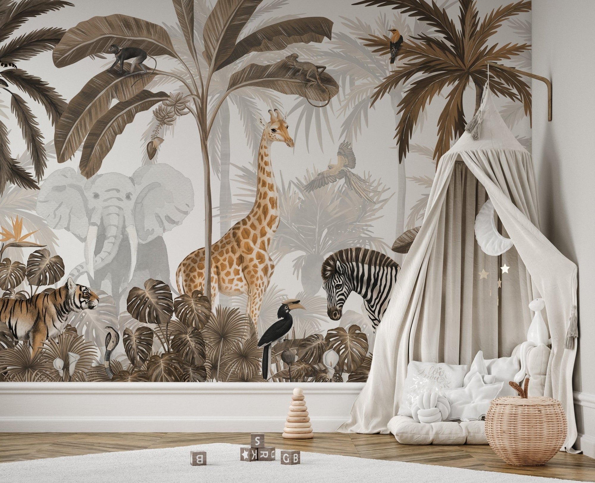 Wildlife jungle jive sepia wallpaper mural with giraffes.
