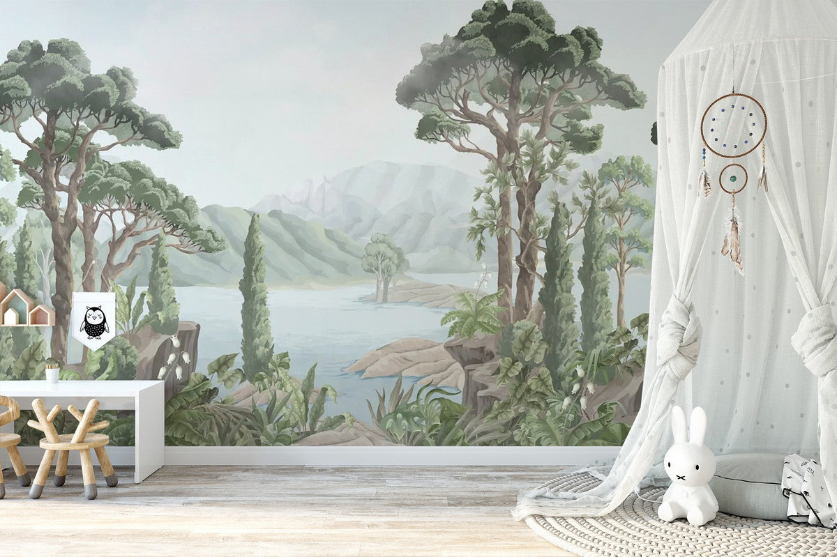 Watercolor jungle landscape wall mural with green tropical trees.
