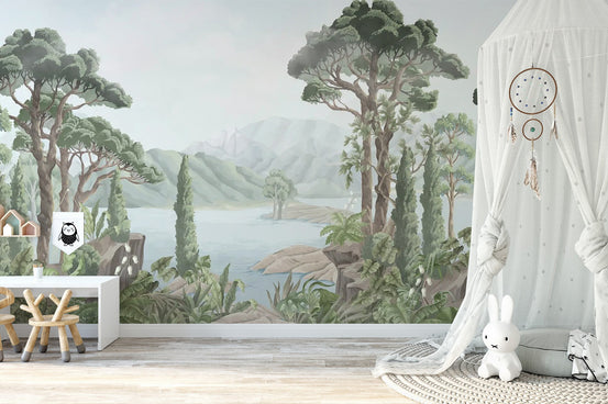 Watercolor jungle landscape wall mural with green tropical trees.
