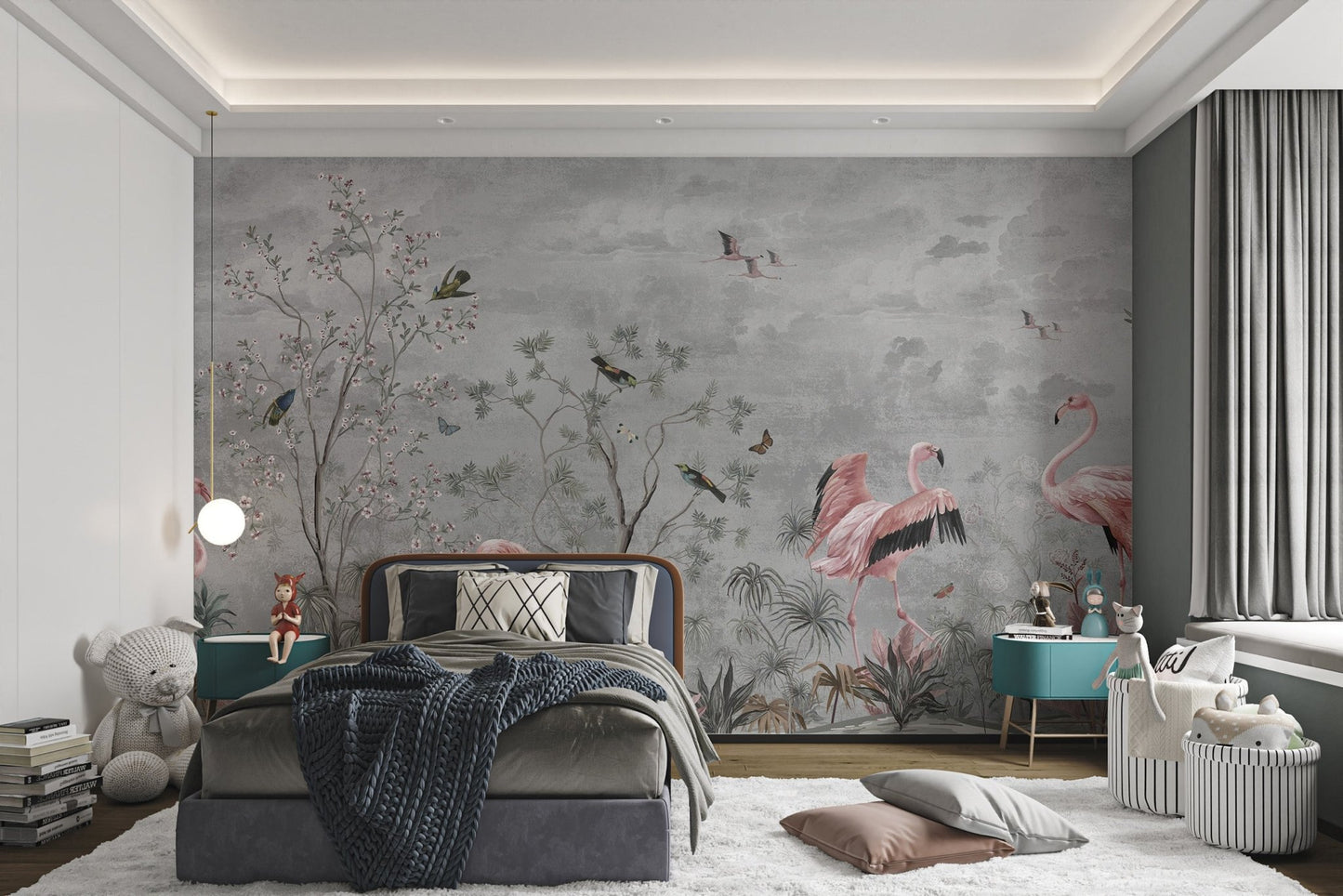 Modern bedroom featuring Flamingo Birds Mural on the main wall.