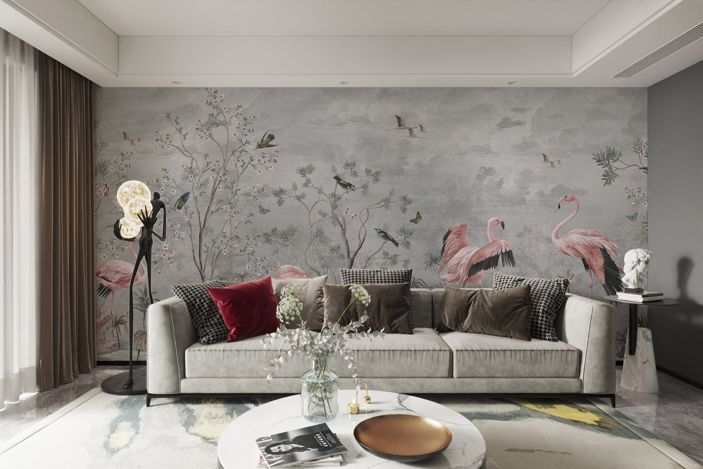 Jungle Leaves Flamingo Birds Wall Mural in a spacious living room area.