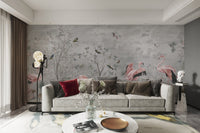 Jungle Leaves Flamingo Birds Wall Mural in a spacious living room area.