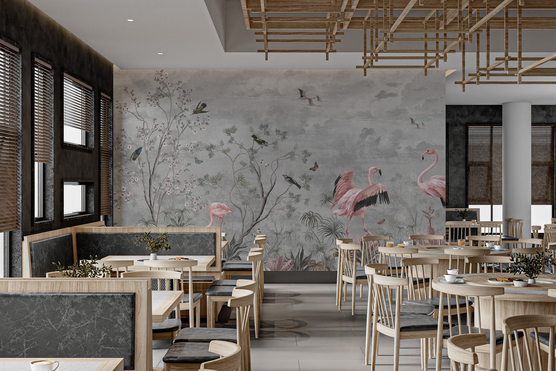 Jungle Leaves Flamingo Birds Wall Mural in a restaurant dining space.