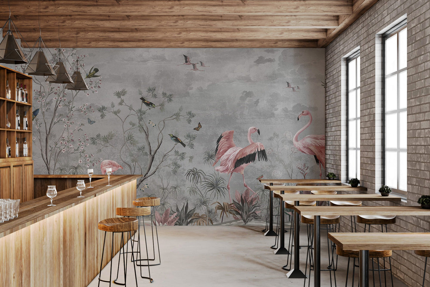 Flamingo Birds Wall Mural used as a backdrop in a cafe bar setting.