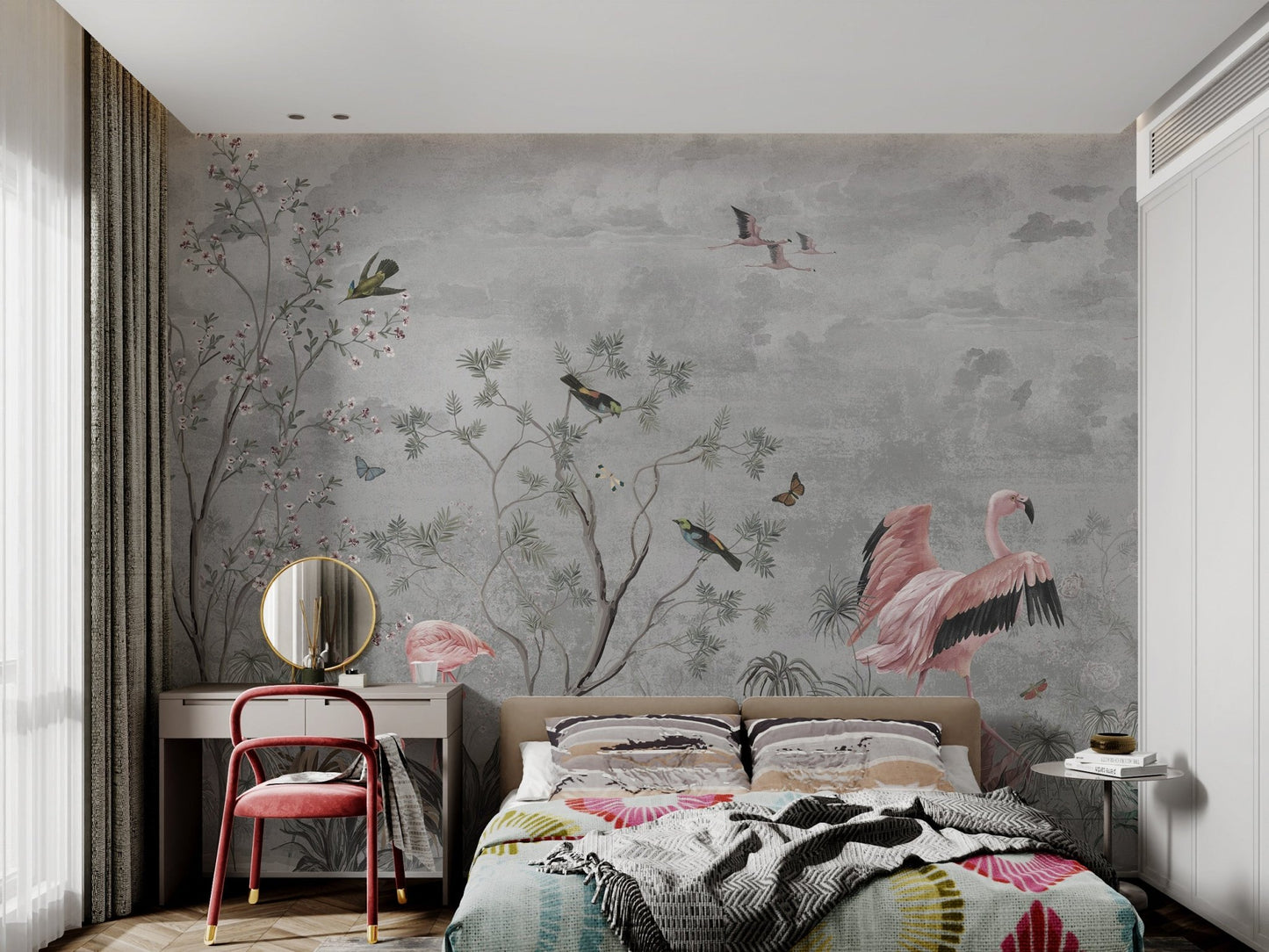 Grey textured wall mural with pink flamingo birds and thin tree branches.