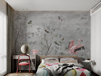 Grey textured wall mural with pink flamingo birds and thin tree branches.