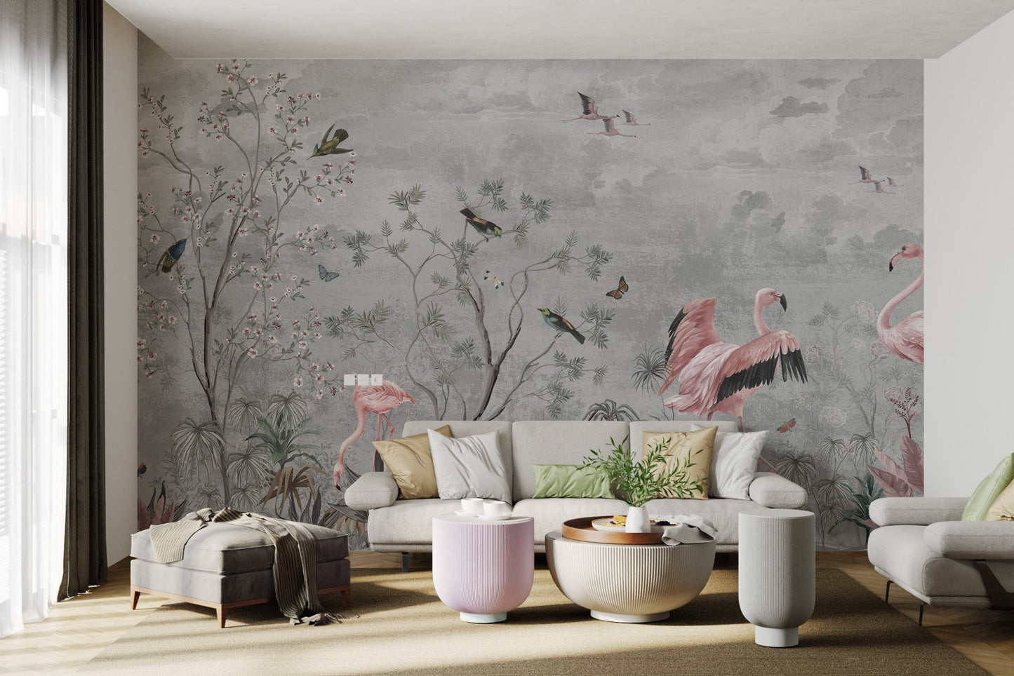 Minimalist living room wall mural with pink flamingos and botanical sketches.