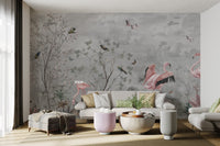 Minimalist living room wall mural with pink flamingos and botanical sketches.
