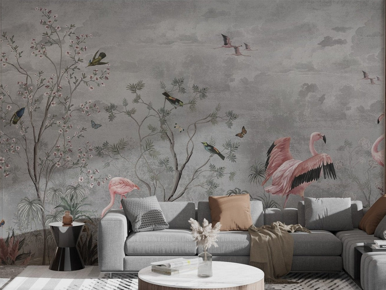 Grey concrete style wall mural with pink bird motifs in bright living room.