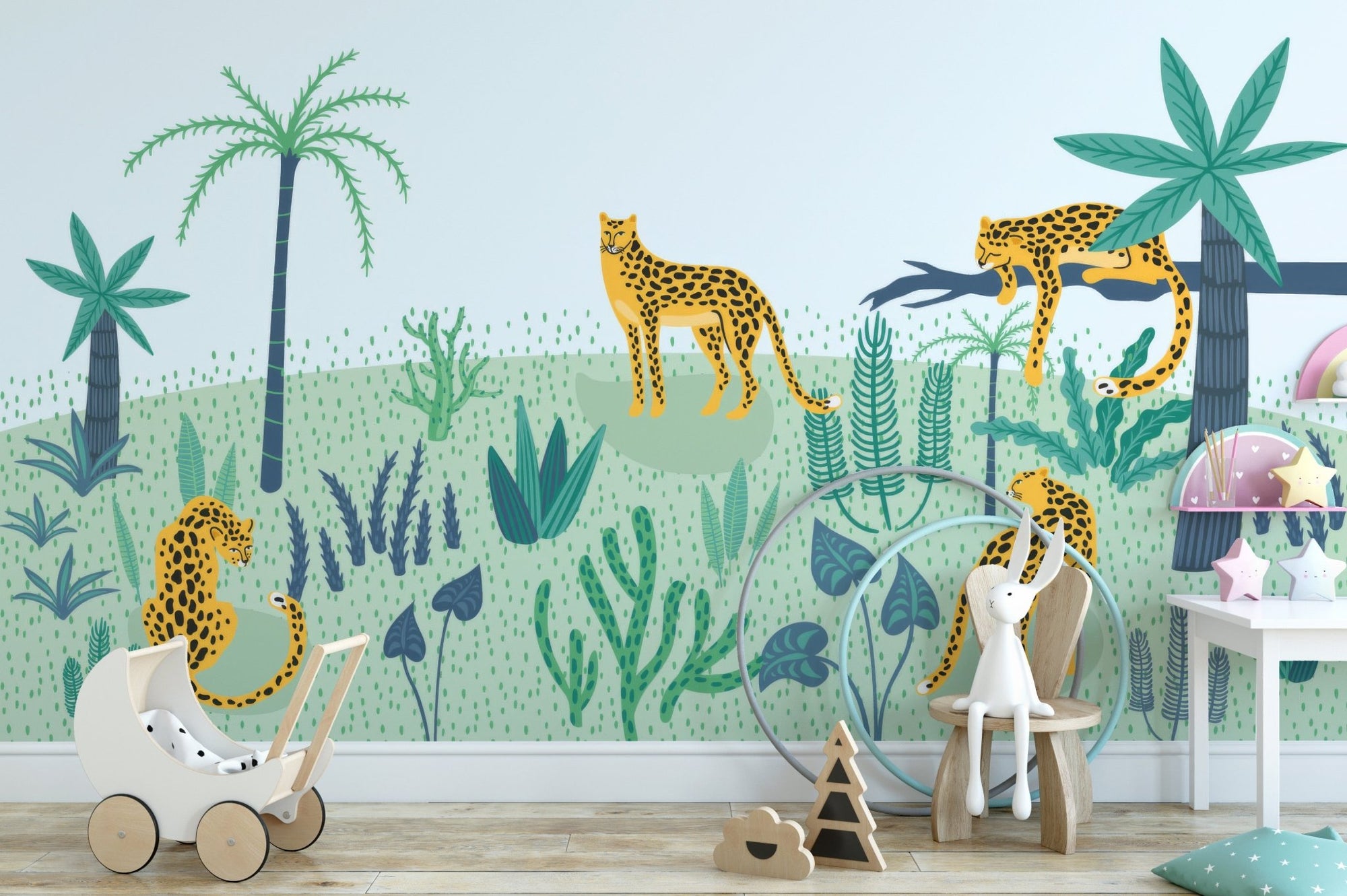 Jungle leopard wallpaper mural with tropical wall mural design.