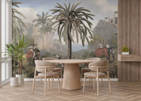 Majestic jungle landscape mural with towering green trees for dining room.
